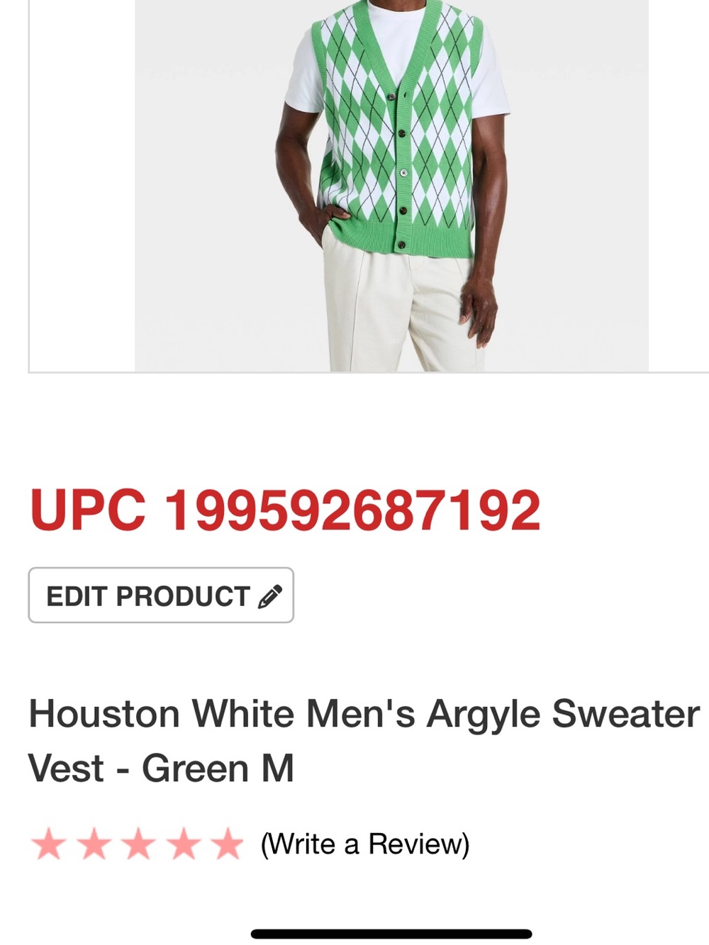 Houston White Green Argyle V-Neck Sweater Vest